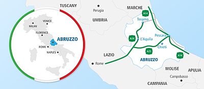 Map showing route from Rome to L'Aquila